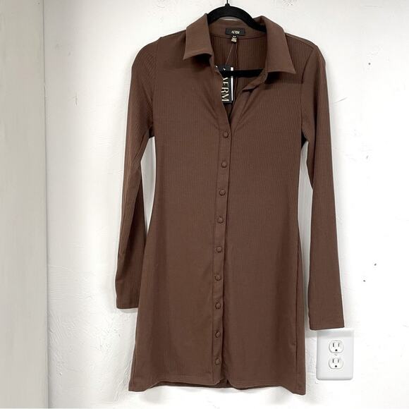 AFRM Brown Ribbed Long Sleeve Button Down Shirt Dress Mini Womens S Preppy Fall - Picture 1 of 9